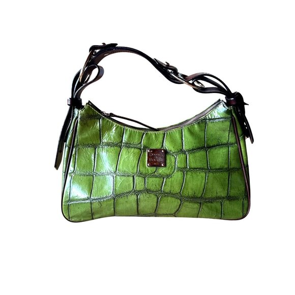 Y2K Dooney & Bourke Nile Croco Embossed Shoulder Bag Green Patent Leather Luxury - Picture 1 of 15